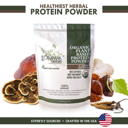Organic Plant Based Herbal Protein Powder + Immunity Mushrooms by Dimmak Herbs | 22g Pea Protein, Monks Fruit, ZERO Sugar